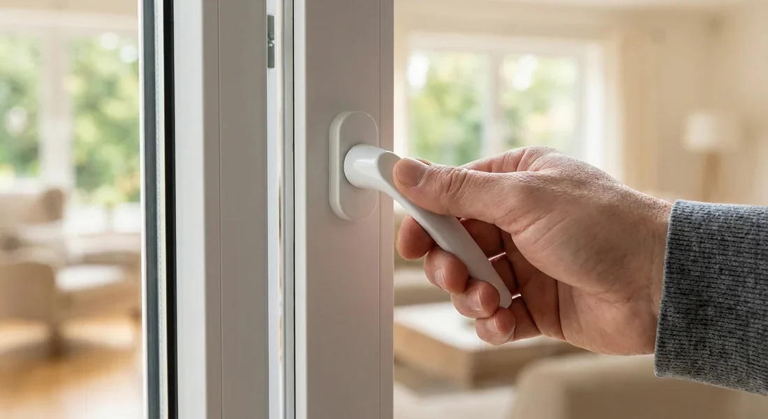 Gros plan d'une main saisissant une poignée de fenêtre blanche cassée dans un salon.