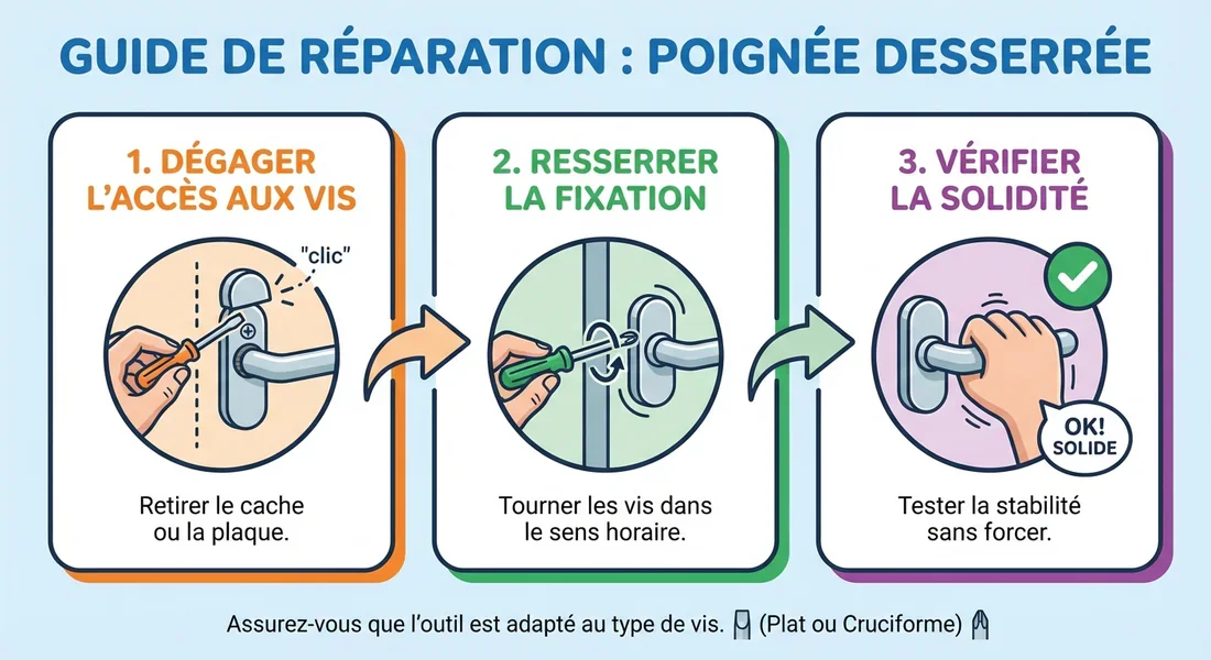 Infographie expliquant comment réparer une poignée de fenêtre en trois étapes.