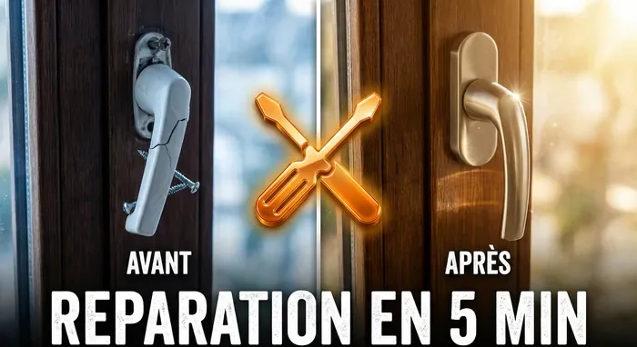 Poignée fenêtre tourne dans le vide : solutions - Réparez seul pour <30€ : Guide Ultime 2026 - Fenêtre bloquée ? Réparer la poignée qui tourne Miniature montrant la réparation d'une poignée de fenêtre avant et après.