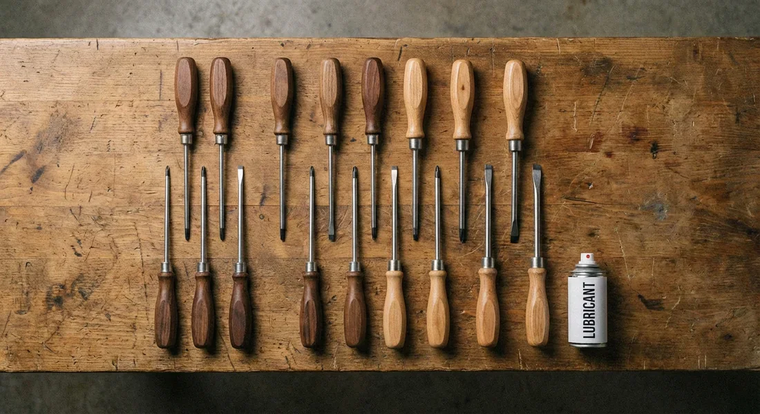 Tournevis et lubrifiant nécessaires pour la réparation de la fenêtre.