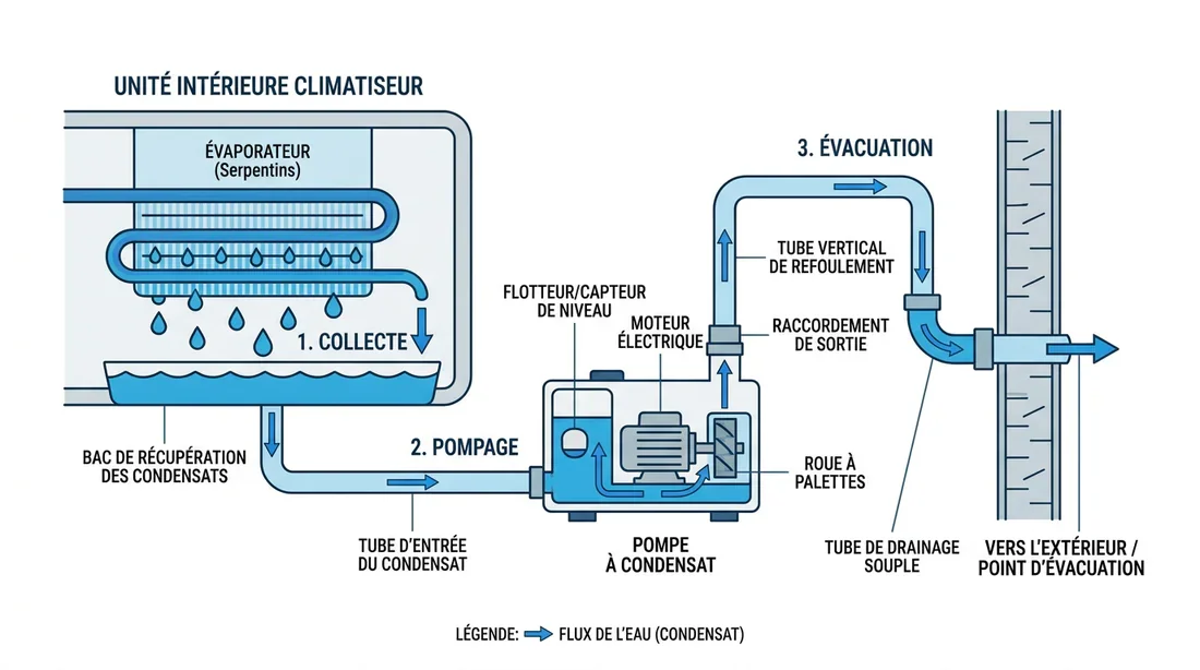 Fonctionnement d'une pompe de relevage Schéma technique du fonctionnement d'une pompe de relevage de climatisation
