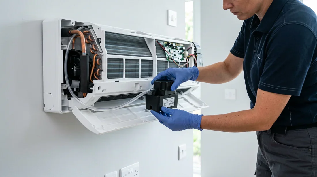 Maintenance et installation de pompe de relevage pour climatiseur Technicien effectuant la maintenance d'une pompe de relevage dans un climatiseur