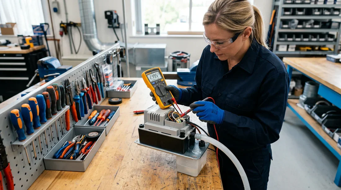Installation électrique d'une pompe de relevage Technicien testant le raccordement électrique d'une pompe