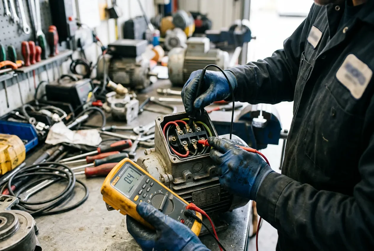 Technicien mesurant la résistance électrique d'un moteur de pompe avec un multimètre.