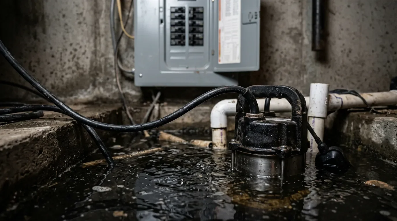 Une pompe de relevage installée dans un sous-sol avec un disjoncteur déclenché en arrière-plan.