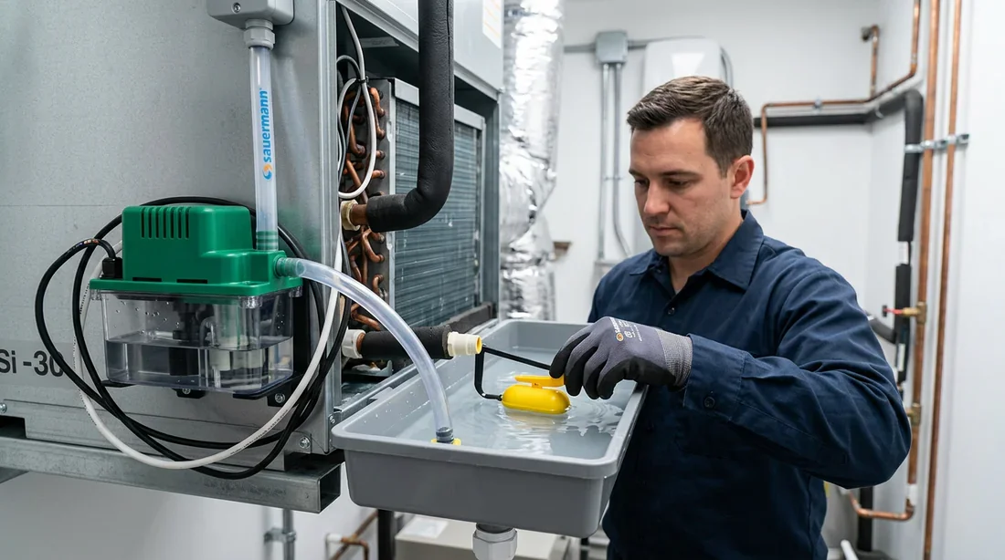 Contrôle du système de détection de niveau d'eau de la pompe. Inspection du flotteur et du bloc de détection de niveau d'eau de la pompe de climatiseur.