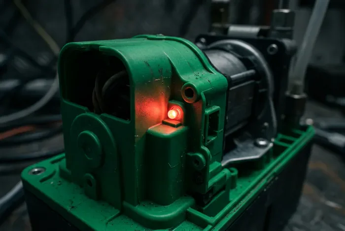 Pompe Sauermann Mini Verte clignote rouge : 4 solutions - Sauermann Mini Verte rouge : Réparez-la en 5 min ! - Pourquoi votre Sauermann clignote rouge ? 4 solutions Macro sur le voyant LED rouge allumé d'une pompe de relevage de condensats Sauermann Mini Verte.