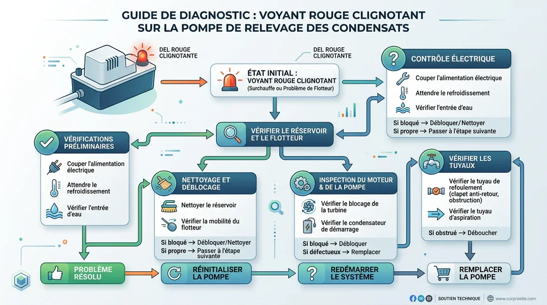Schéma de résolution des pannes pour pompe de relevage de condensats. Schéma explicatif des étapes de diagnostic pour le voyant rouge clignotant de la pompe Sauermann.