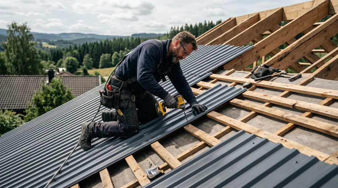 Pose de toiture en bac acier par un professionnel Charpentier professionnel installant une toiture en bac acier gris anthracite