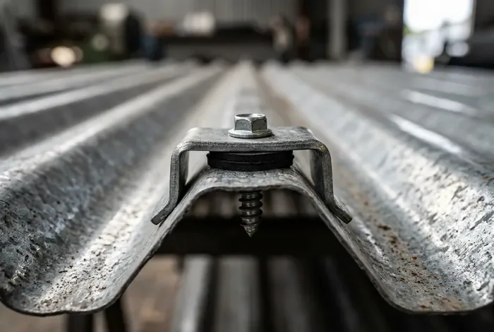 Détail technique d'une fixation de bac acier avec vis autoperceuse