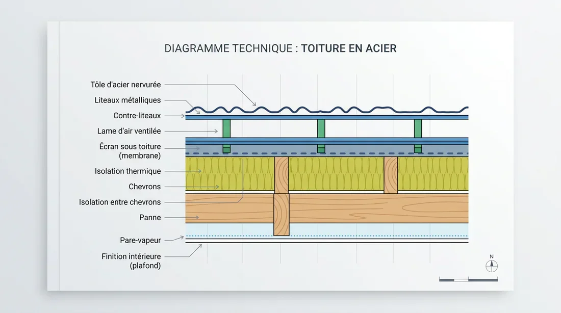 Composition d'une toiture en bac acier Schéma technique des différentes couches d'une toiture bac acier
