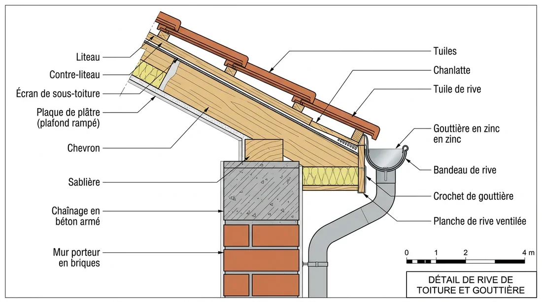 Pose de la première rangée de tuiles canal sur une chanlatte trapézoïdale par un couvreur