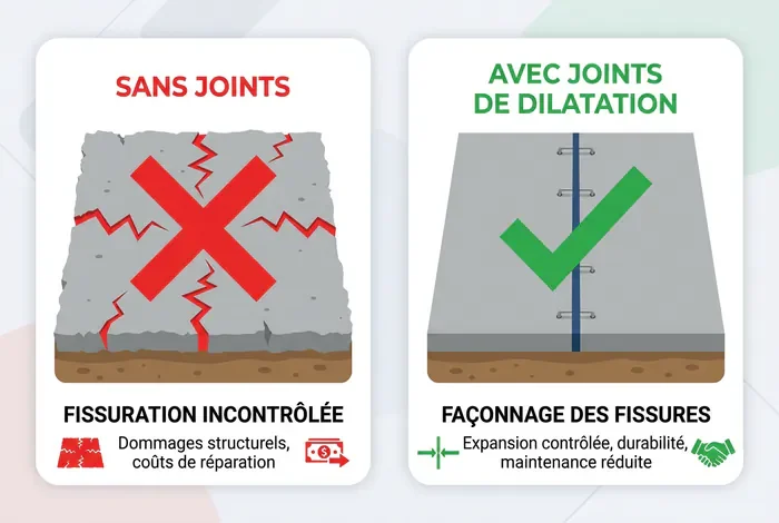 Poser un joint de dilatation dalle béton : Guide - Joint de dilatation dalle béton : 0 Fissure ! - Comment poser un joint de dilatation béton ? Infographie comparative entre une dalle fissurée et une dalle avec joint de dilatation