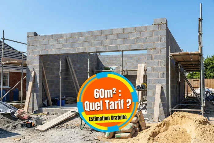 Prix Garage Parpaing 60m2 : Budget 2026 - Garage 60m2 : Le Guide des Prix Réels - Quel prix pour un garage parpaing 60m2 ? Garage de 60m2 en cours de maçonnerie avec texte indicateur de prix.