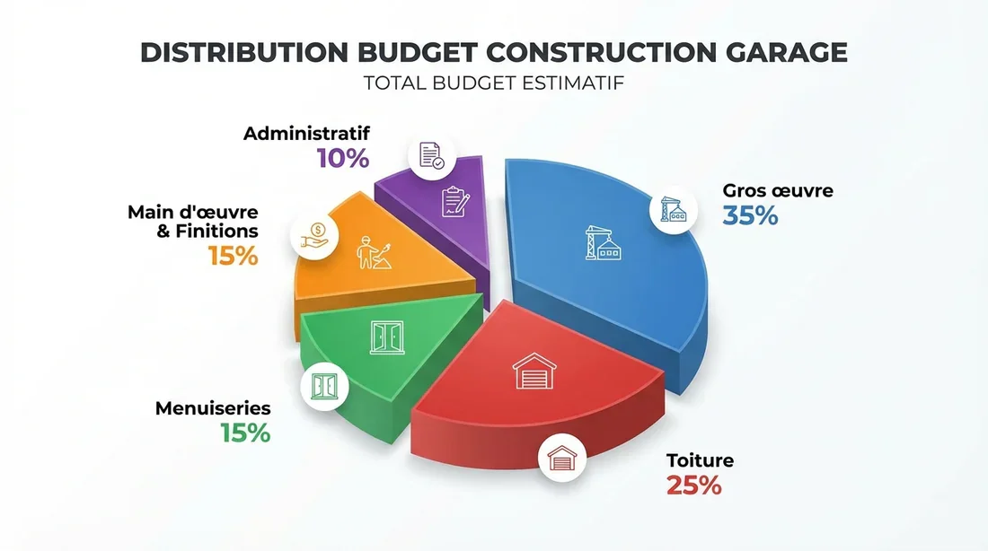 Graphique circulaire montrant la répartition des coûts de construction d'un garage.