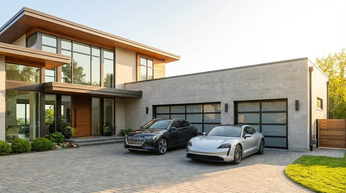 Photo d'un garage moderne de 60m2 en parpaing enduit accolé à une maison individuelle.