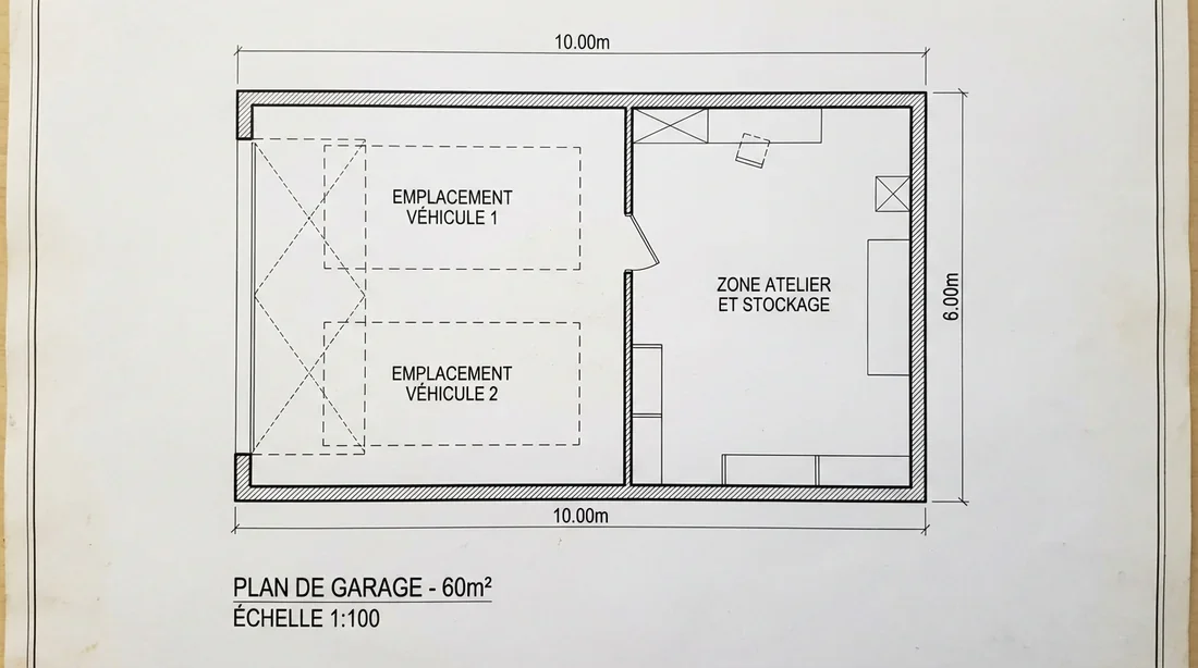 Plan d'aménagement 2D pour un garage de 60m2 avec atelier.