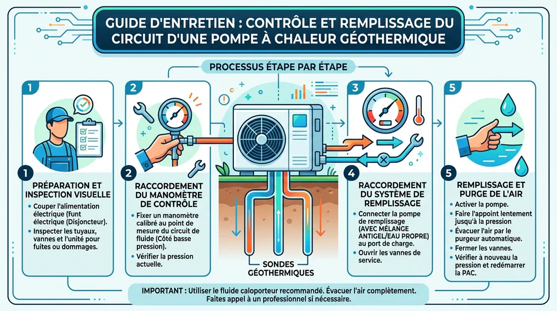 Guide étape par étape pour ajuster la pression Sofath Schéma explicatif des étapes pour réajuster la pression d'une pompe à chaleur