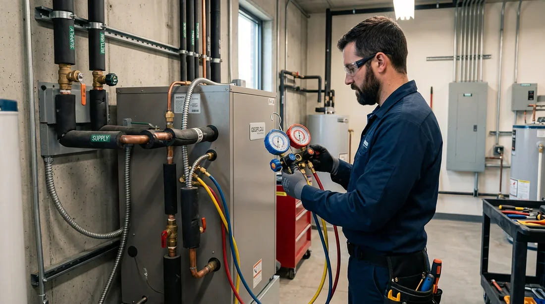 Contrôle de la pression sur pompe à chaleur géothermique Sofath Technicien mesurant la pression d'une installation géothermique Sofath avec manomètre