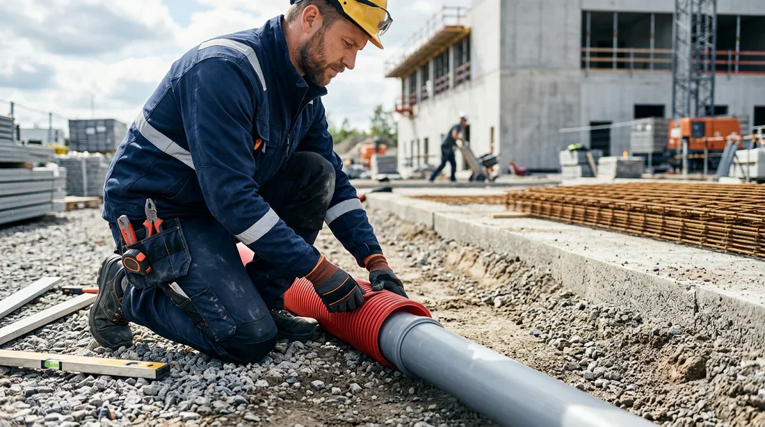 Mise en place de la gaine TPC sur canalisation PVC Pose d'une gaine annelée rouge TPC sur une canalisation PVC avant installation du ferraillage