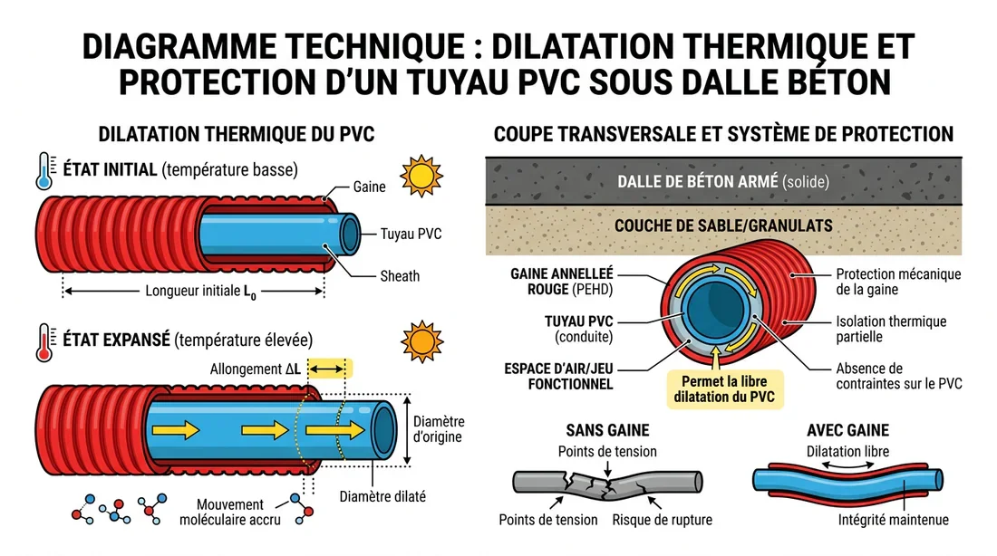 Schéma de dilatation thermique du PVC sous dalle Schéma explicatif de la dilatation thermique du PVC dans sa gaine TPC sous dalle béton