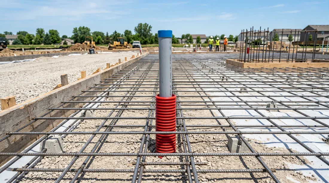 Passage d'un tuyau PVC avec gaine TPC avant coulage de dalle Tuyau PVC gris traversant une gaine TPC rouge dans le ferraillage avant le coulage de la dalle en béton