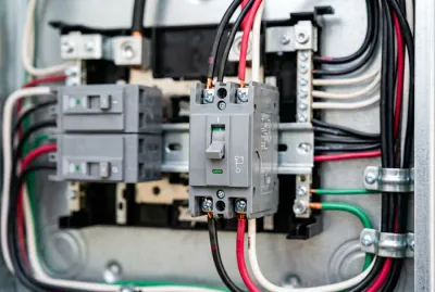 Détail d'un disjoncteur de pompe à chaleur dans un tableau électrique