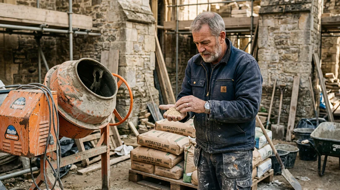 Sélection et contrôle du sable pour le mélange de mortier Artisan maçon examinant une poignée de sable clair lavé près d'une bétonnière et de sacs de chaux