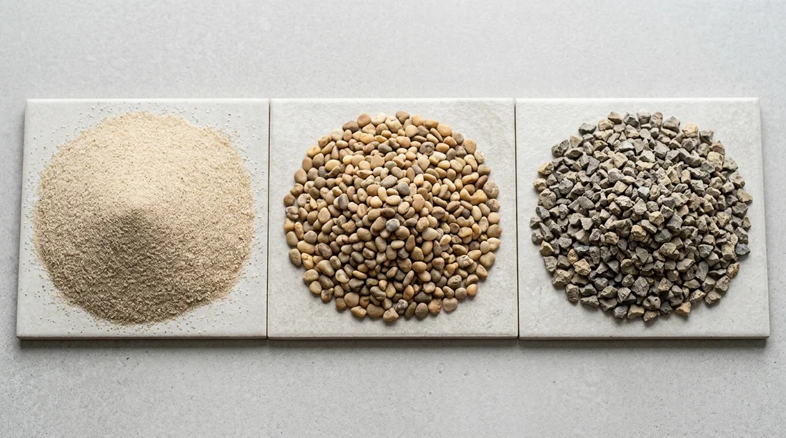 Les différentes granulométries de sable Échantillons de sables de différentes granulométries pour la maçonnerie