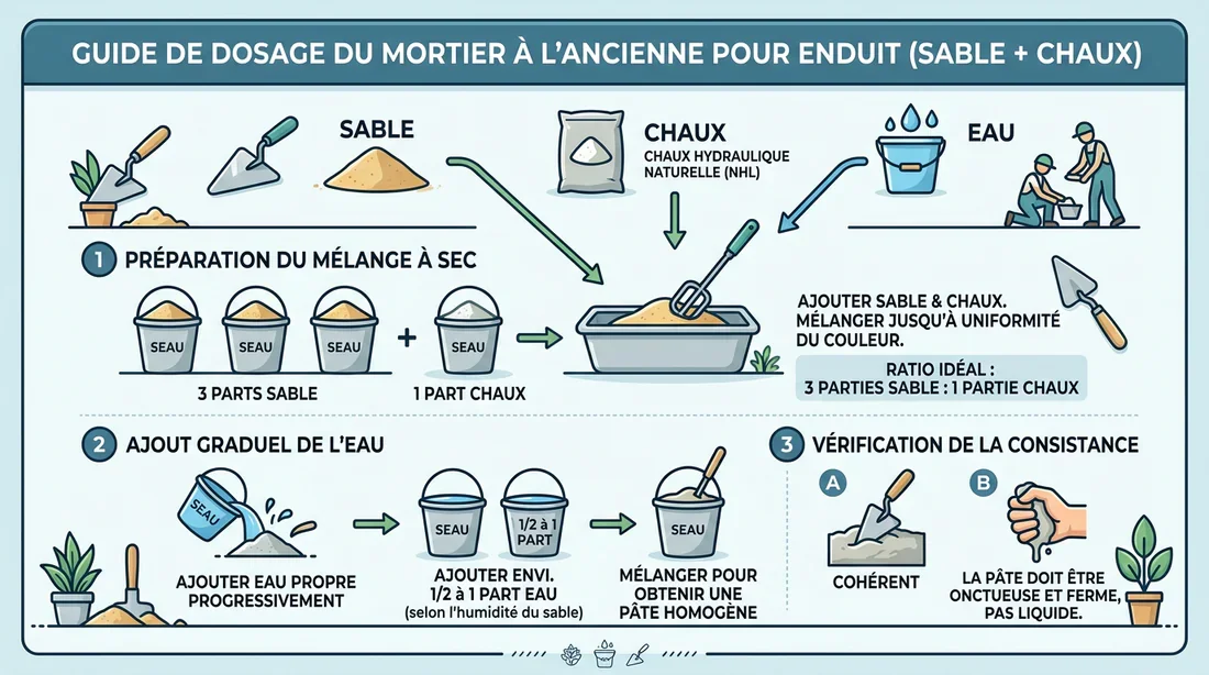 Dosage et proportions du mélange de mortier Infographie explicative du dosage sable chaux eau pour mortier