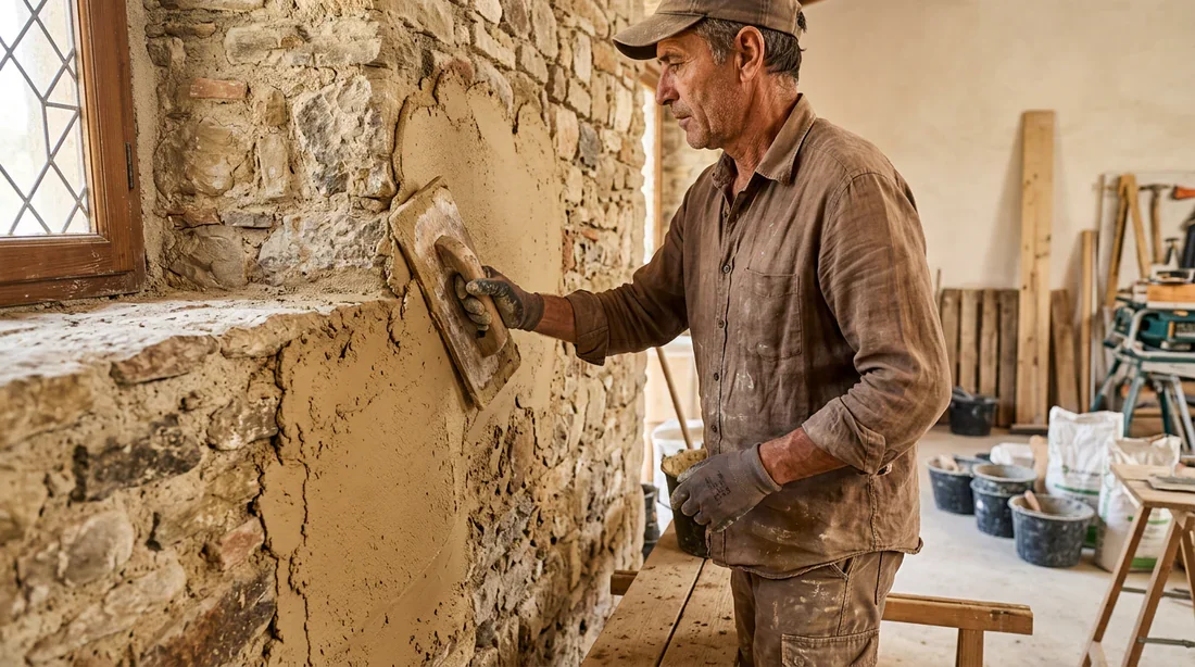 Application de l'enduit traditionnel sur mur Maçon appliquant un enduit de chaux et sable sur un mur en pierre