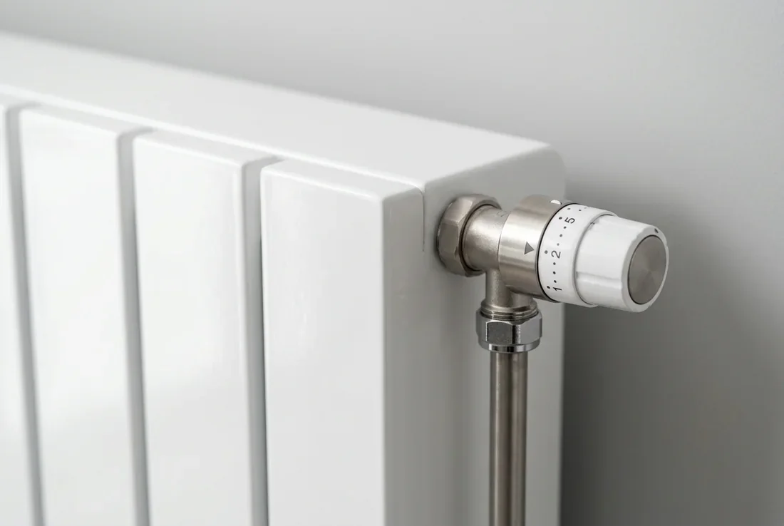 Radiateur horizontal Brugman Piano blanc installé sous une fenêtre dans un salon moderne et lumineux.