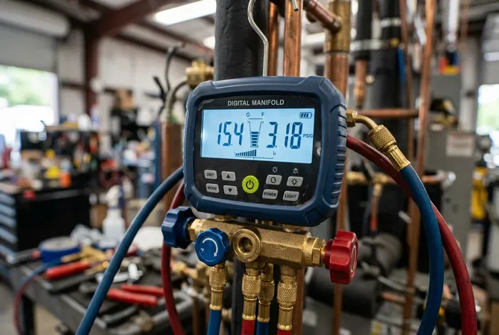 Recharger une clim en gaz R32 : Prix et Loi 2026 - Recharge Clim R32 : L'erreur qui coûte 1000€ ! - Comment recharger une clim en gaz R32 ? Guide Gros plan sur un manomètre digital de frigoriste pour fluide R32