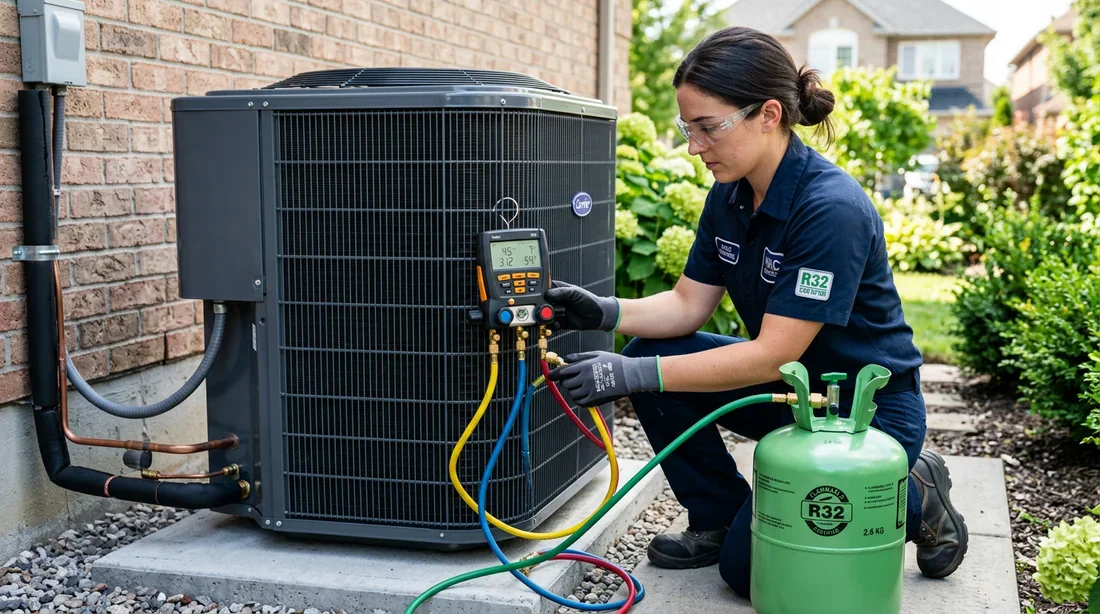 Intervention d'un frigoriste sur climatisation au gaz R32 Technicien frigoriste certifié effectuant la maintenance d'une unité de climatisation avec du gaz R32
