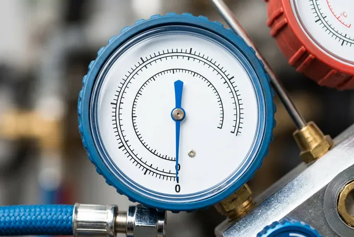 Récupérer le gaz d'une clim : le guide pump down - Pump down clim : 5 étapes pour réussir sans risque - Comment récupérer le gaz d'une clim facilement ? Gros plan sur les cadrans d'un manomètre frigorifique avec l'aiguille sur zéro