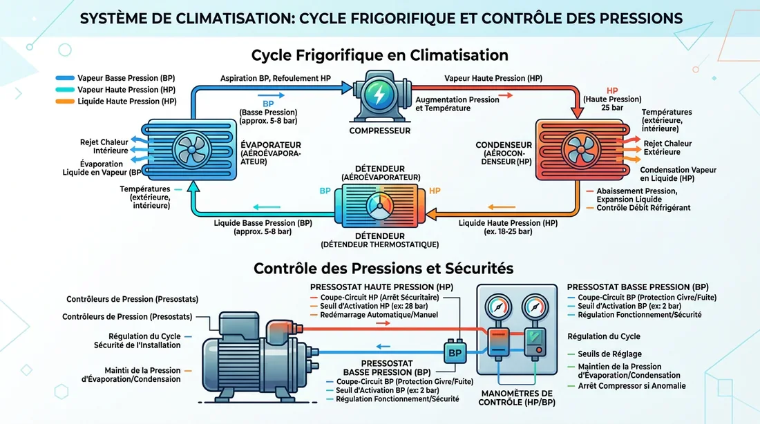 Schéma du cycle de pression frigorifique Schéma explicatif du cycle frigorifique et de la vérification de la pression