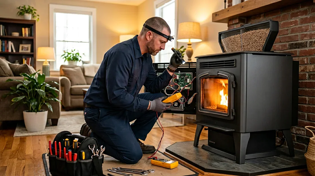 Gros plan de l'écran digital d'un poêle à granulés Extraflame avec flammes en arrière-plan