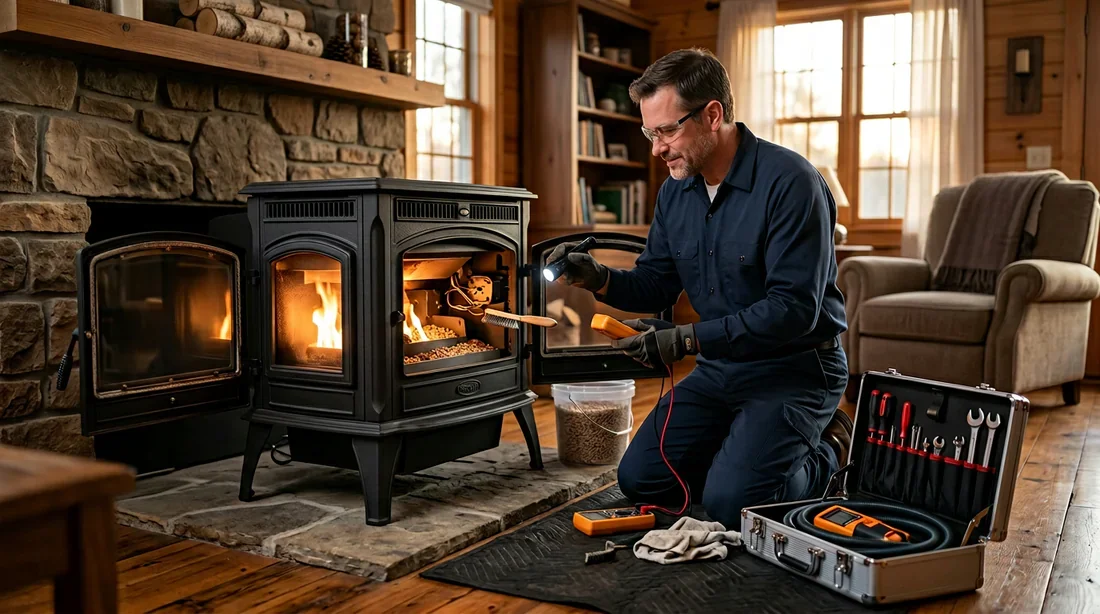 Technicien professionnel effectuant l'entretien annuel du poêle