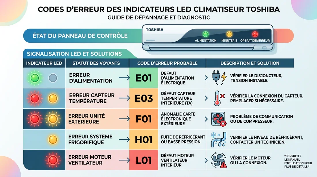 Schéma des voyants LED de contrôle et diagnostics Toshiba Schéma explicatif des codes voyants LED et clignotements sur climatiseur Toshiba