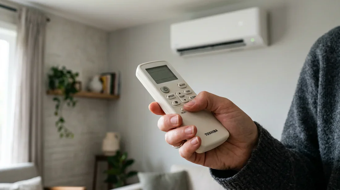 Réinitialisation de la télécommande de climatisation Toshiba Télécommande de climatiseur Toshiba tenue en main pour effectuer la réinitialisation
