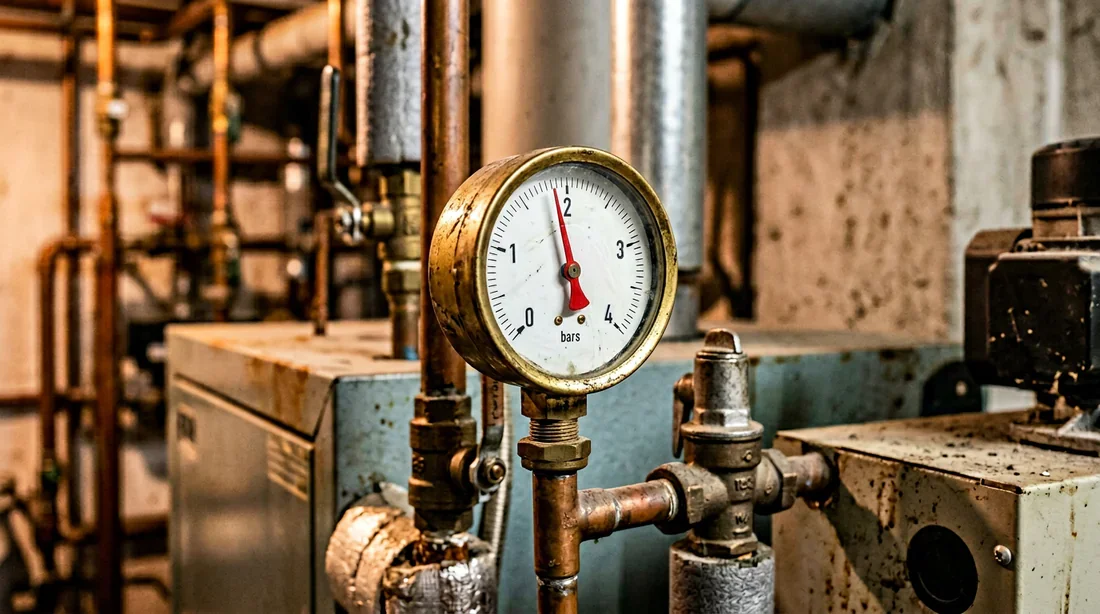 Manomètre de chaudière indiquant la pression optimale de 1,5 bar