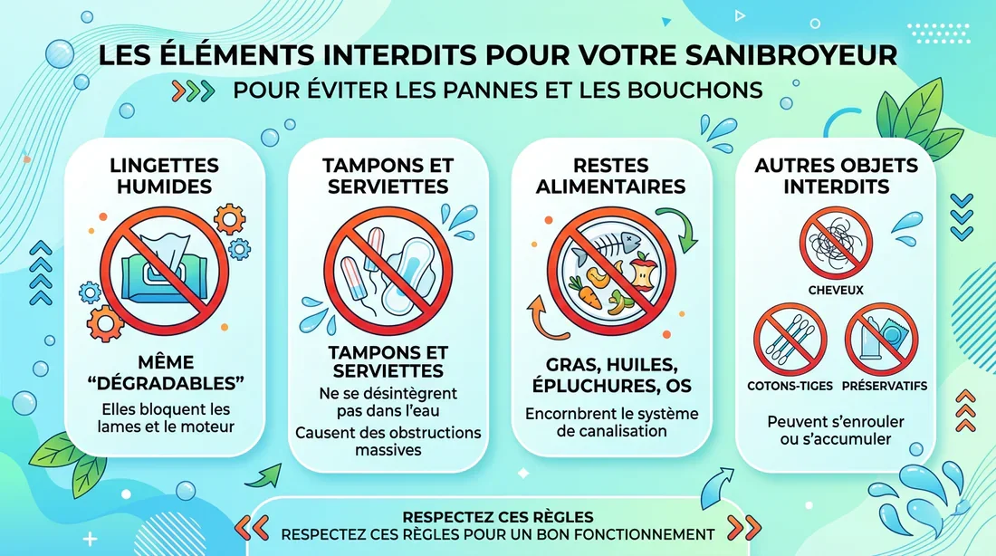Infographie des objets interdits dans un sanibroyeur