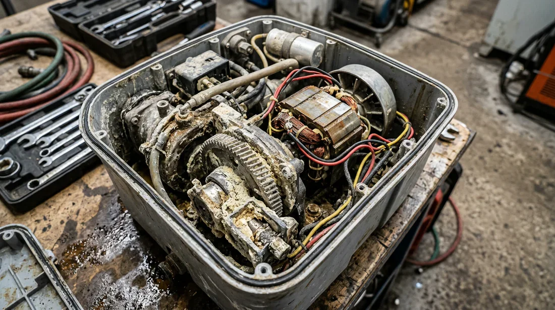 Vue technique d'un sanibroyeur ouvert montrant l'état du moteur et l'entartrage