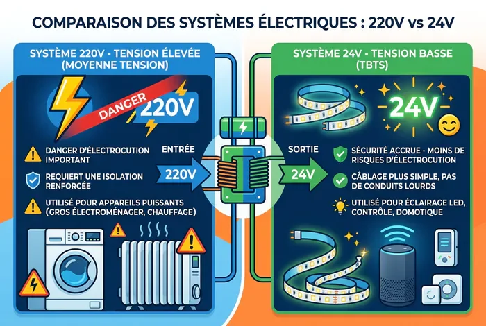 Comparaison infographique entre système 220V et 24V