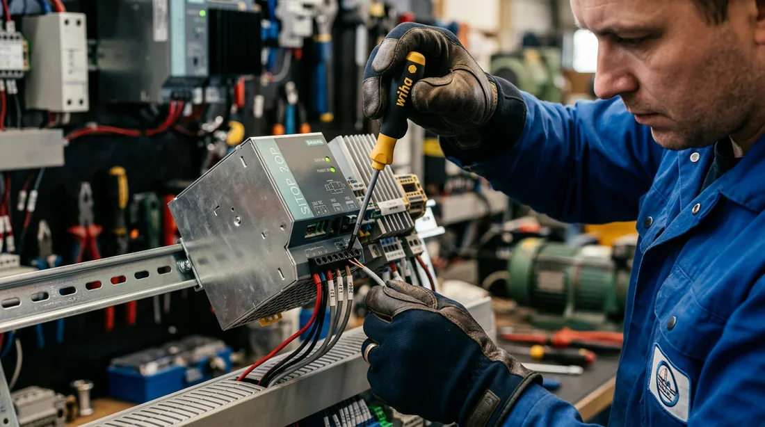 Électricien professionnel câblant une alimentation industrielle 24V sur rail DIN