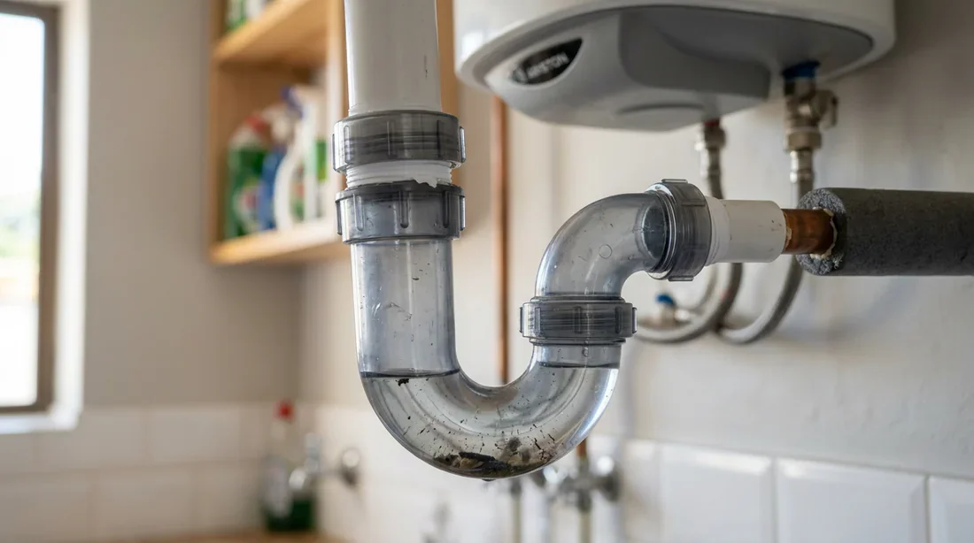 Gros plan sur le siphon d'un chauffe-eau pour diagnostiquer une fuite ou une odeur