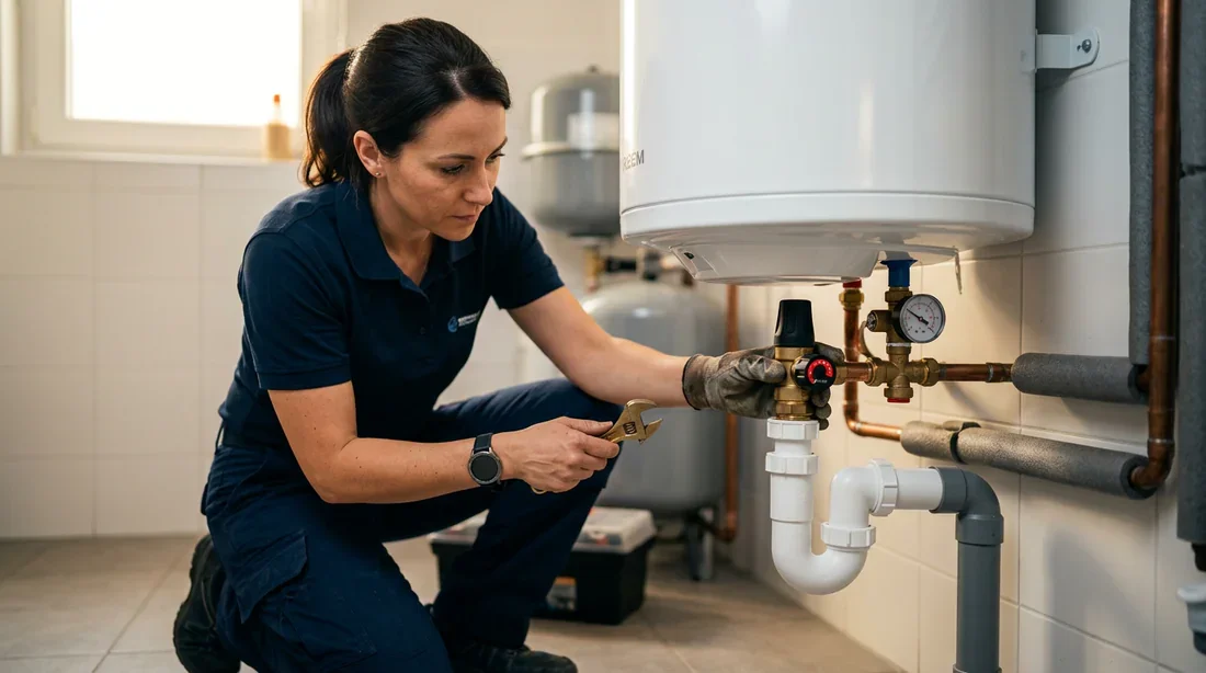 Plombier inspectant le groupe de sécurité d'un chauffe-eau électrique blanc