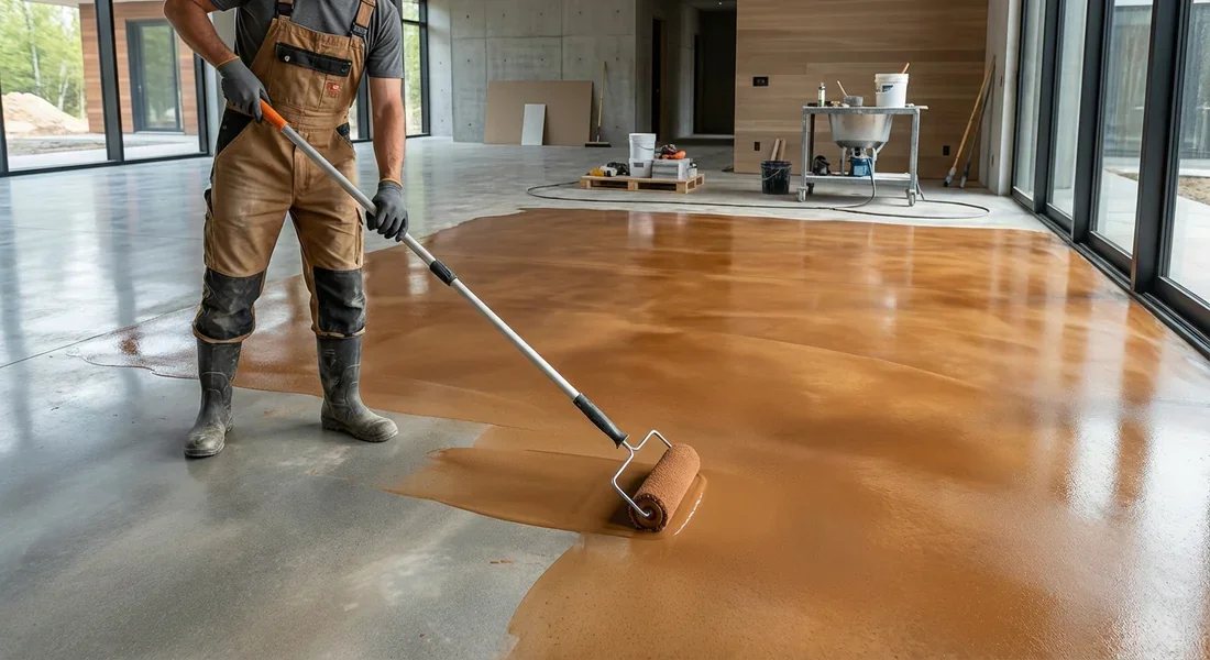 Coloration du béton au rouleau Application d'une teinture minérale au rouleau sur une surface en béton
