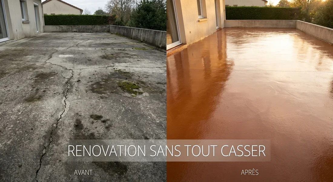 Rénovation de terrasse en béton : avant et après Comparaison avant après d'une terrasse en béton rénovée avec une teinture terre de sienne