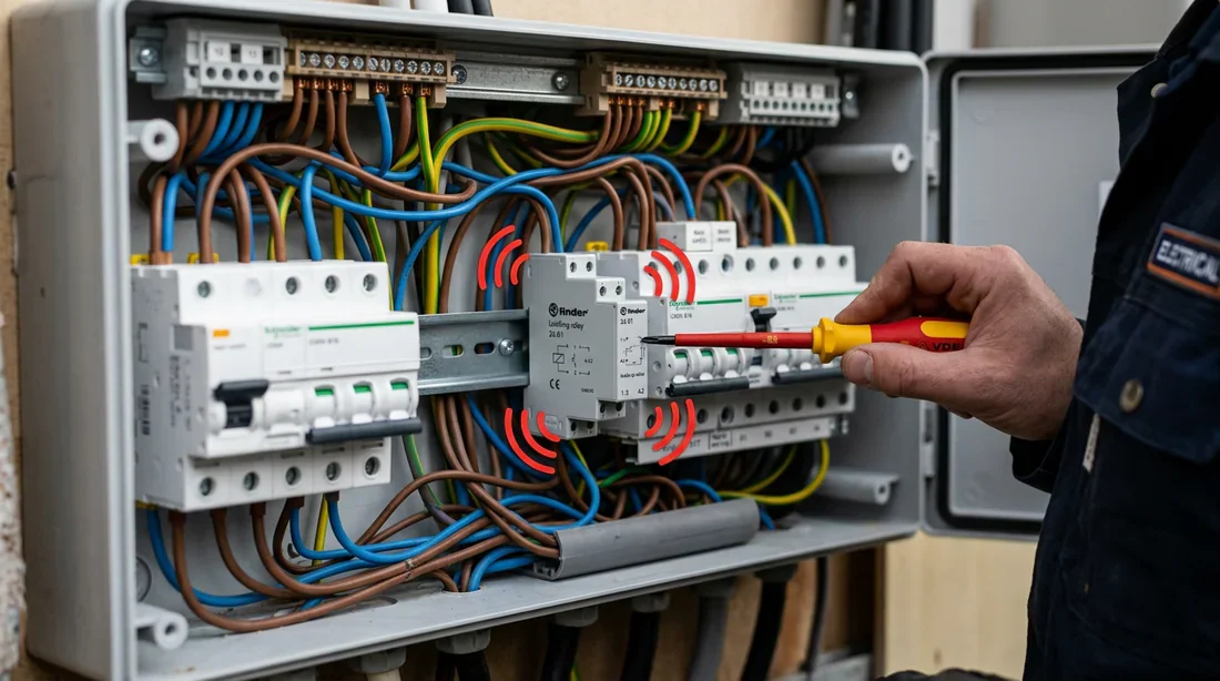 Diagnostic d'un télérupteur défectueux dans un tableau Électricien vérifiant un télérupteur bruyant dans un tableau électrique